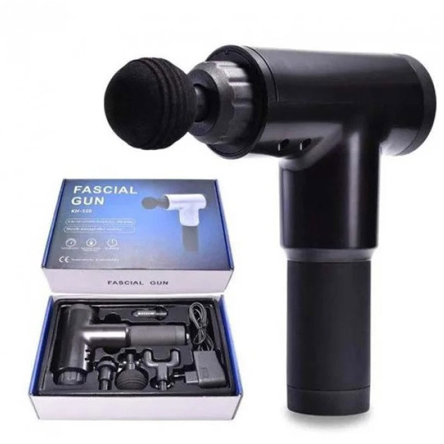 Аккумуляторный массажер Fascial Gun KH-320 портативный ручной ударный мышечный пистолет 4 насадки черный