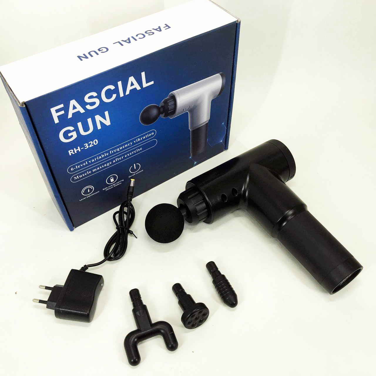 Аккумуляторный массажер Fascial Gun KH-320 портативный ручной ударный мышечный пистолет 4 насадки черный