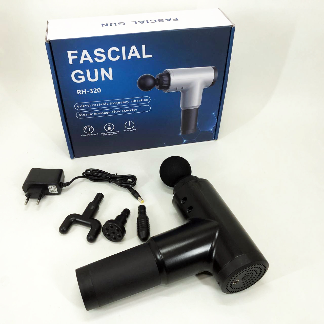 Аккумуляторный массажер Fascial Gun KH-320 портативный ручной ударный мышечный пистолет 4 насадки черный