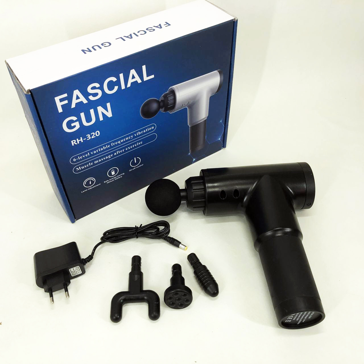 Аккумуляторный массажер Fascial Gun KH-320 портативный ручной ударный мышечный пистолет 4 насадки черный