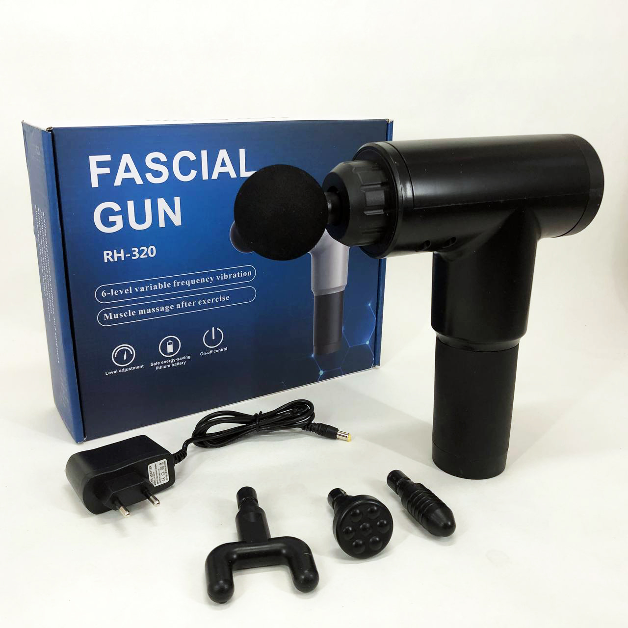 Аккумуляторный массажер Fascial Gun KH-320 портативный ручной ударный мышечный пистолет 4 насадки черный
