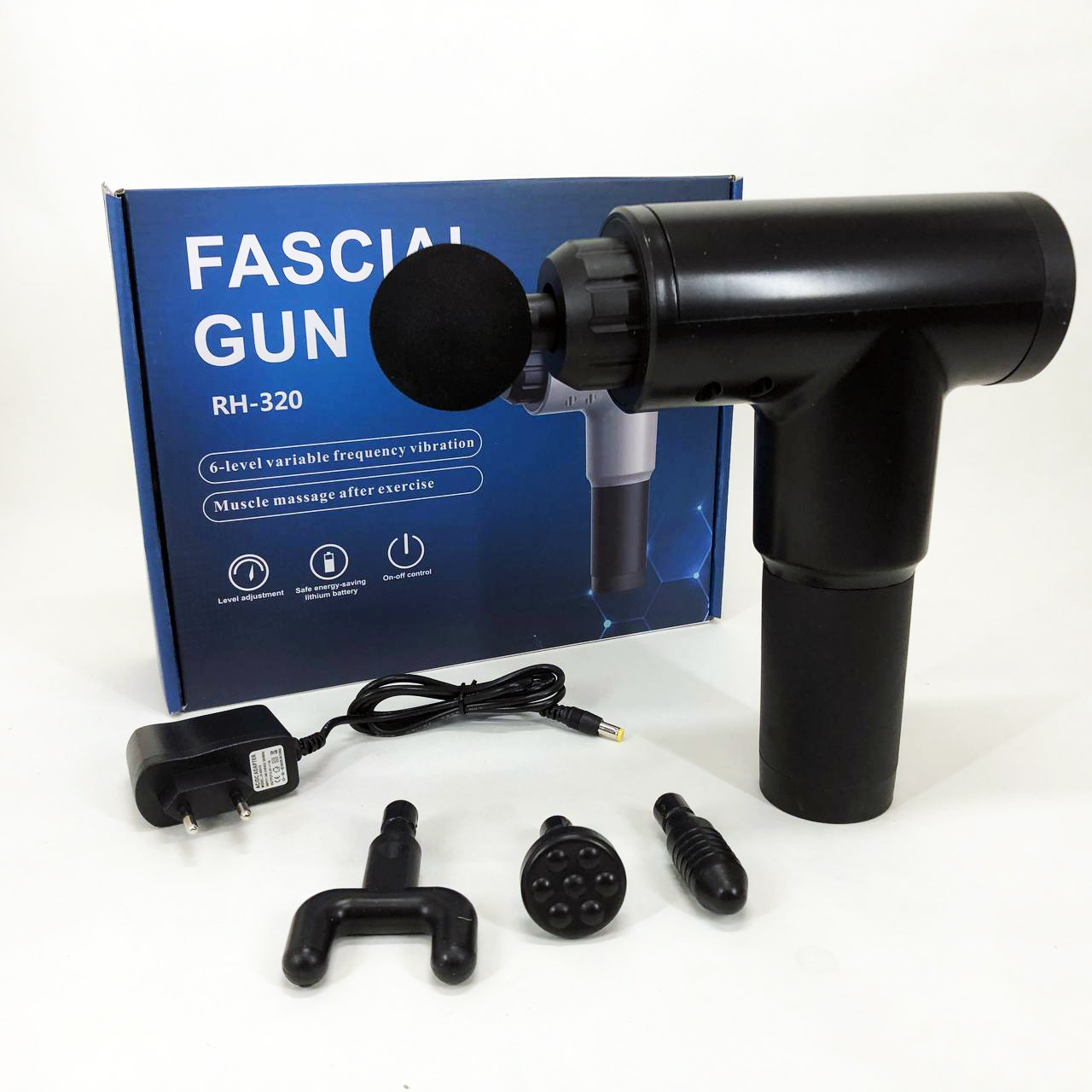 Аккумуляторный массажер Fascial Gun KH-320 портативный ручной ударный мышечный пистолет 4 насадки черный