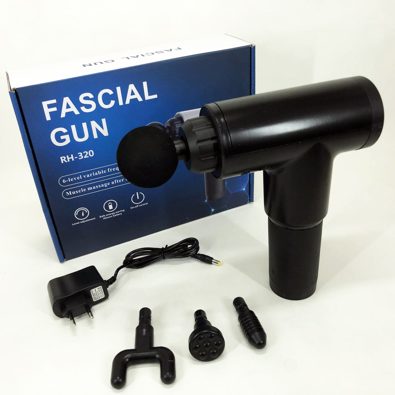 Аккумуляторный массажер Fascial Gun KH-320 портативный ручной ударный мышечный пистолет 4 насадки черный