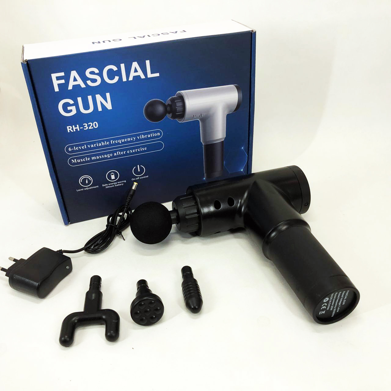 Аккумуляторный массажер Fascial Gun KH-320 портативный ручной ударный мышечный пистолет 4 насадки черный
