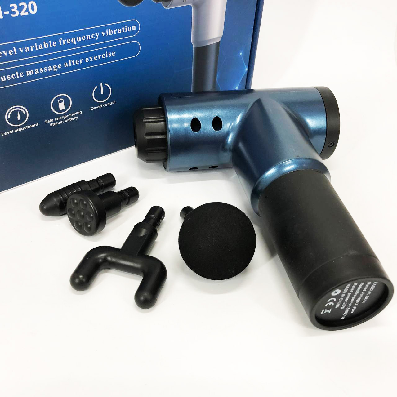 Аккумуляторный массажер Fascial Gun KH-320 портативный ручной ударный мышечный пистолет 4 насадки синий
