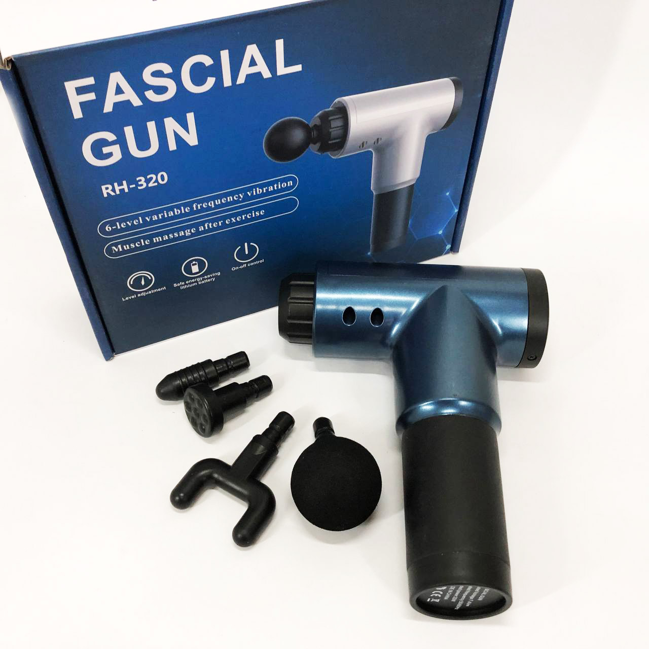 Аккумуляторный массажер Fascial Gun KH-320 портативный ручной ударный мышечный пистолет 4 насадки синий