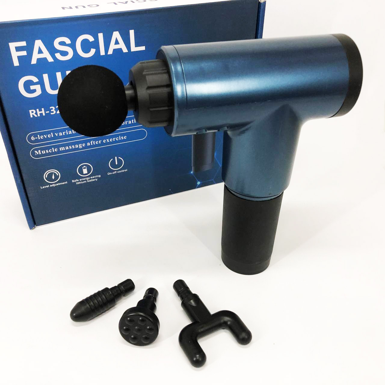 Аккумуляторный массажер Fascial Gun KH-320 портативный ручной ударный мышечный пистолет 4 насадки синий