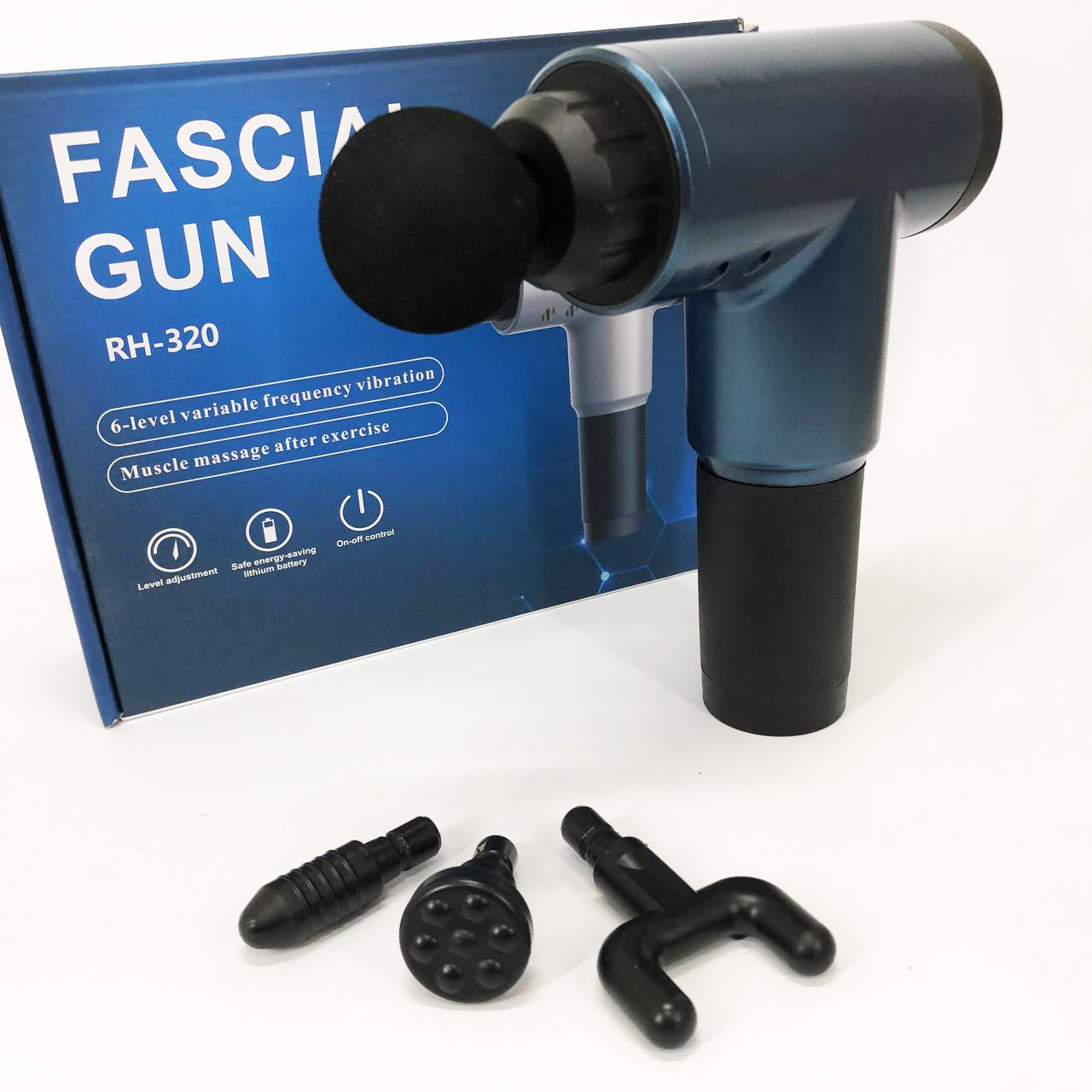 Аккумуляторный массажер Fascial Gun KH-320 портативный ручной ударный мышечный пистолет 4 насадки синий