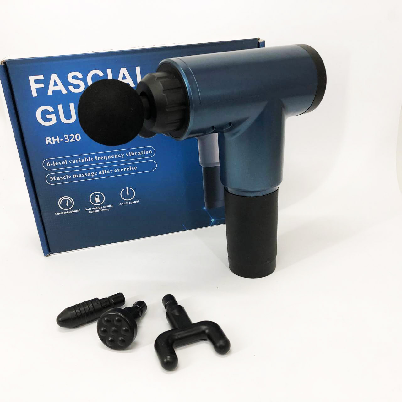 Аккумуляторный массажер Fascial Gun KH-320 портативный ручной ударный мышечный пистолет 4 насадки синий