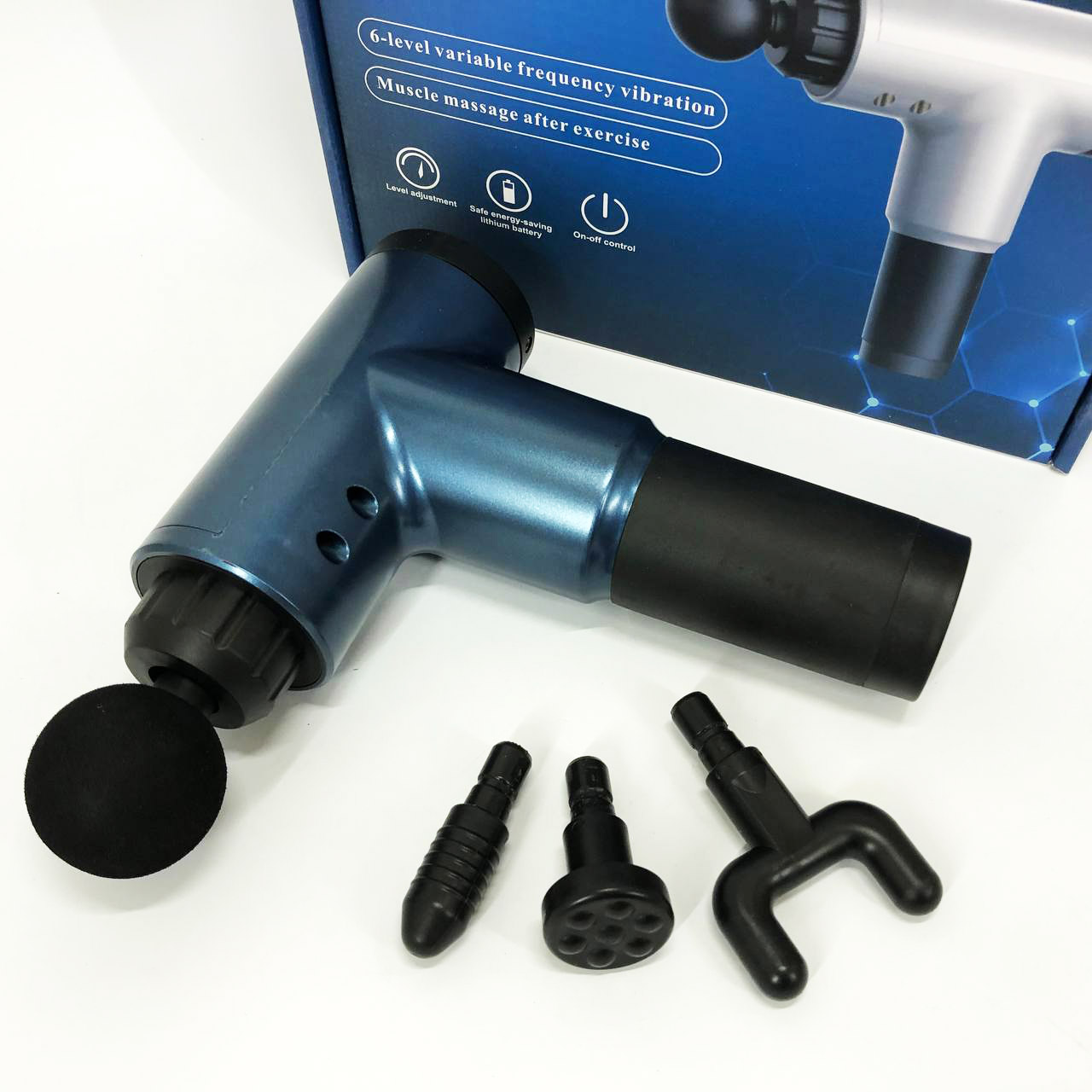 Аккумуляторный массажер Fascial Gun KH-320 портативный ручной ударный мышечный пистолет 4 насадки синий