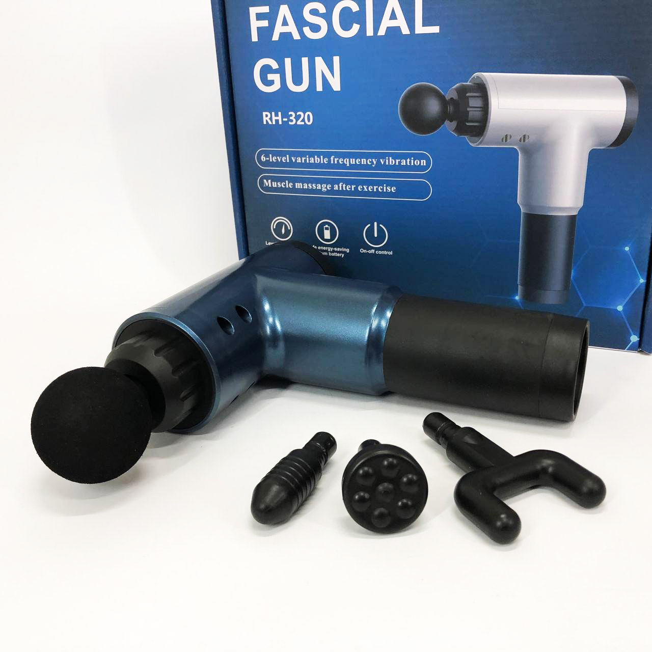 Аккумуляторный массажер Fascial Gun KH-320 портативный ручной ударный мышечный пистолет 4 насадки синий