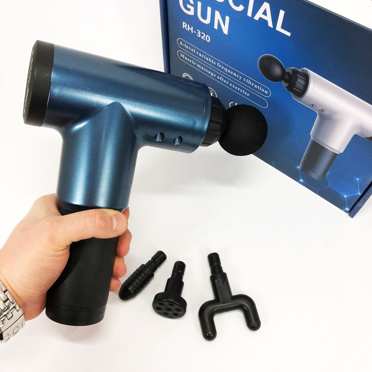 Аккумуляторный массажер Fascial Gun KH-320 портативный ручной ударный мышечный пистолет 4 насадки синий