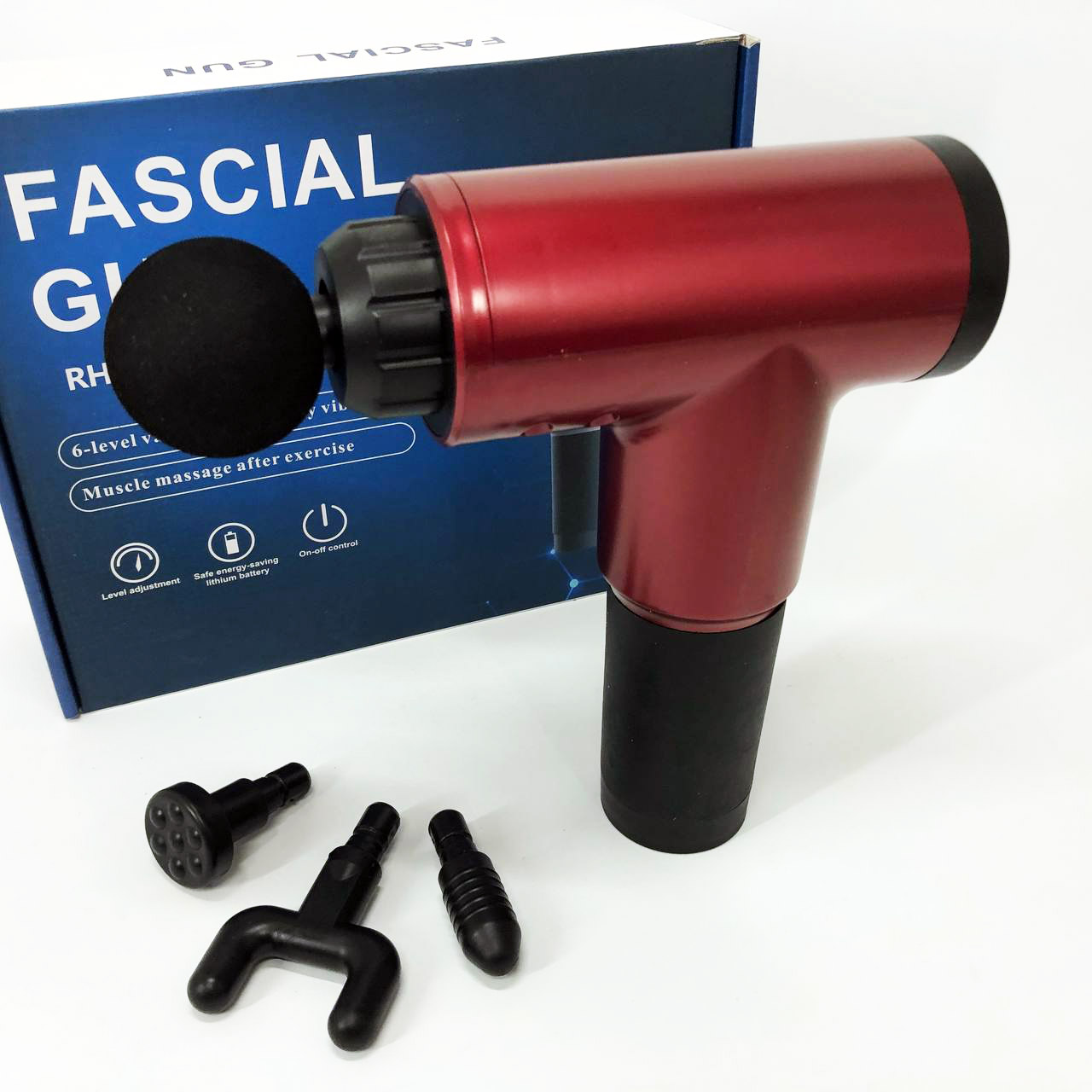 Аккумуляторный массажер Fascial Gun KH-320 портативный ручной ударный мышечный пистолет 4 насадки красный