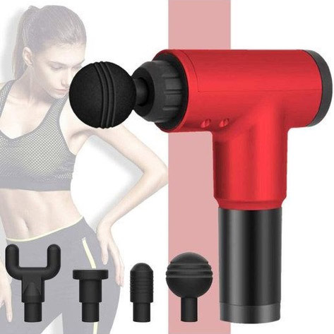 Аккумуляторный массажер Fascial Gun KH-320 портативный ручной ударный мышечный пистолет 4 насадки красный