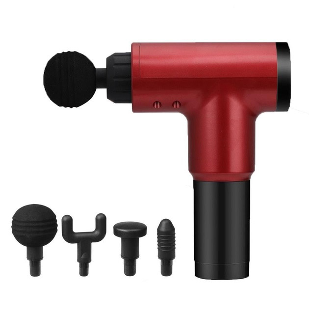 Аккумуляторный массажер Fascial Gun KH-320 портативный ручной ударный мышечный пистолет 4 насадки красный
