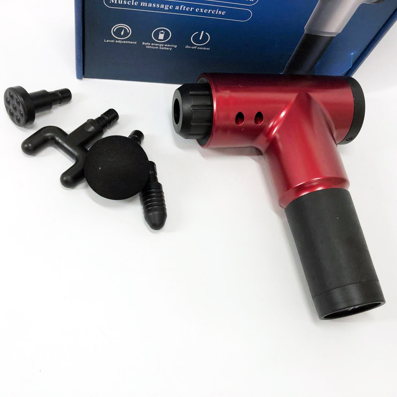 Аккумуляторный массажер Fascial Gun KH-320 портативный ручной ударный мышечный пистолет 4 насадки красный