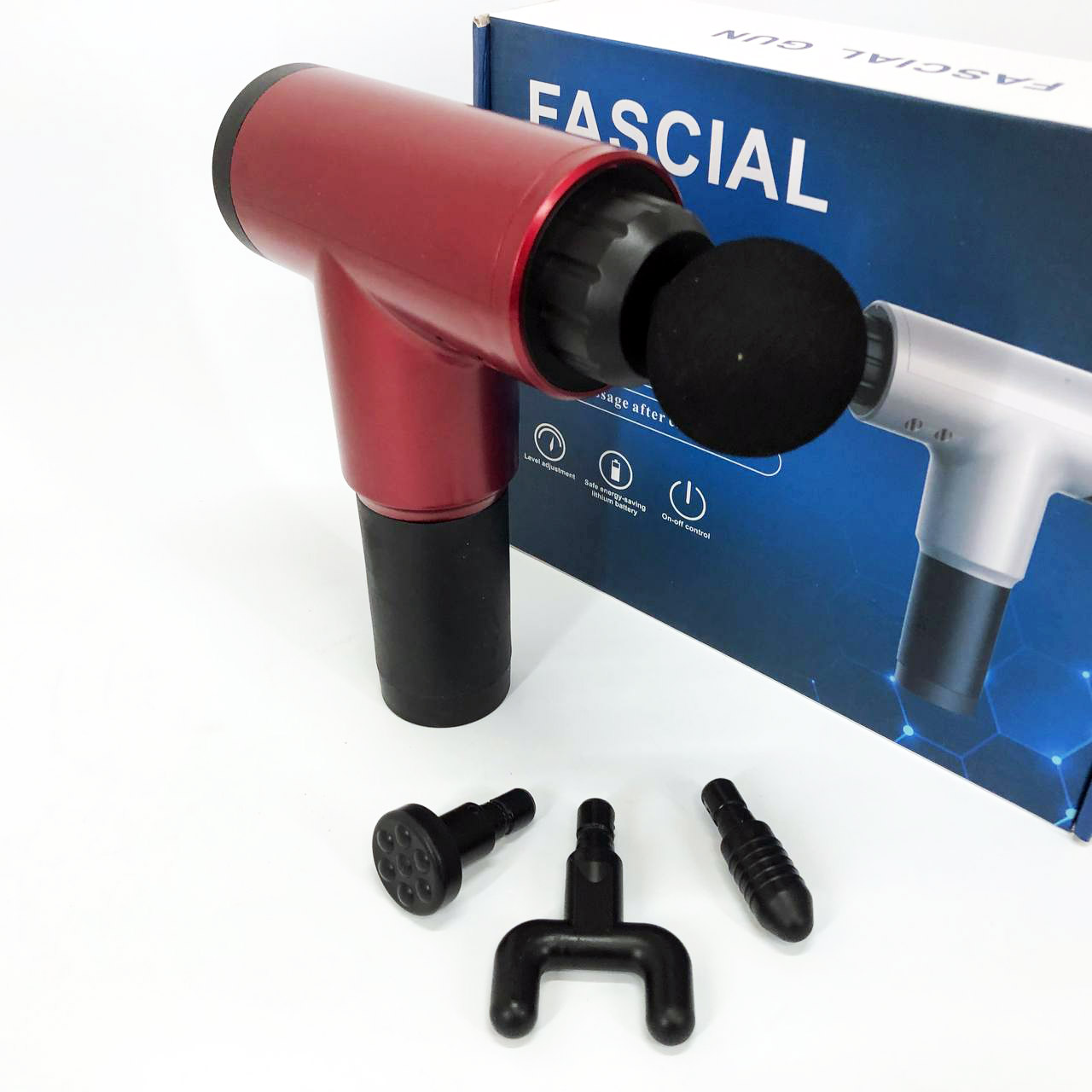 Аккумуляторный массажер Fascial Gun KH-320 портативный ручной ударный мышечный пистолет 4 насадки красный