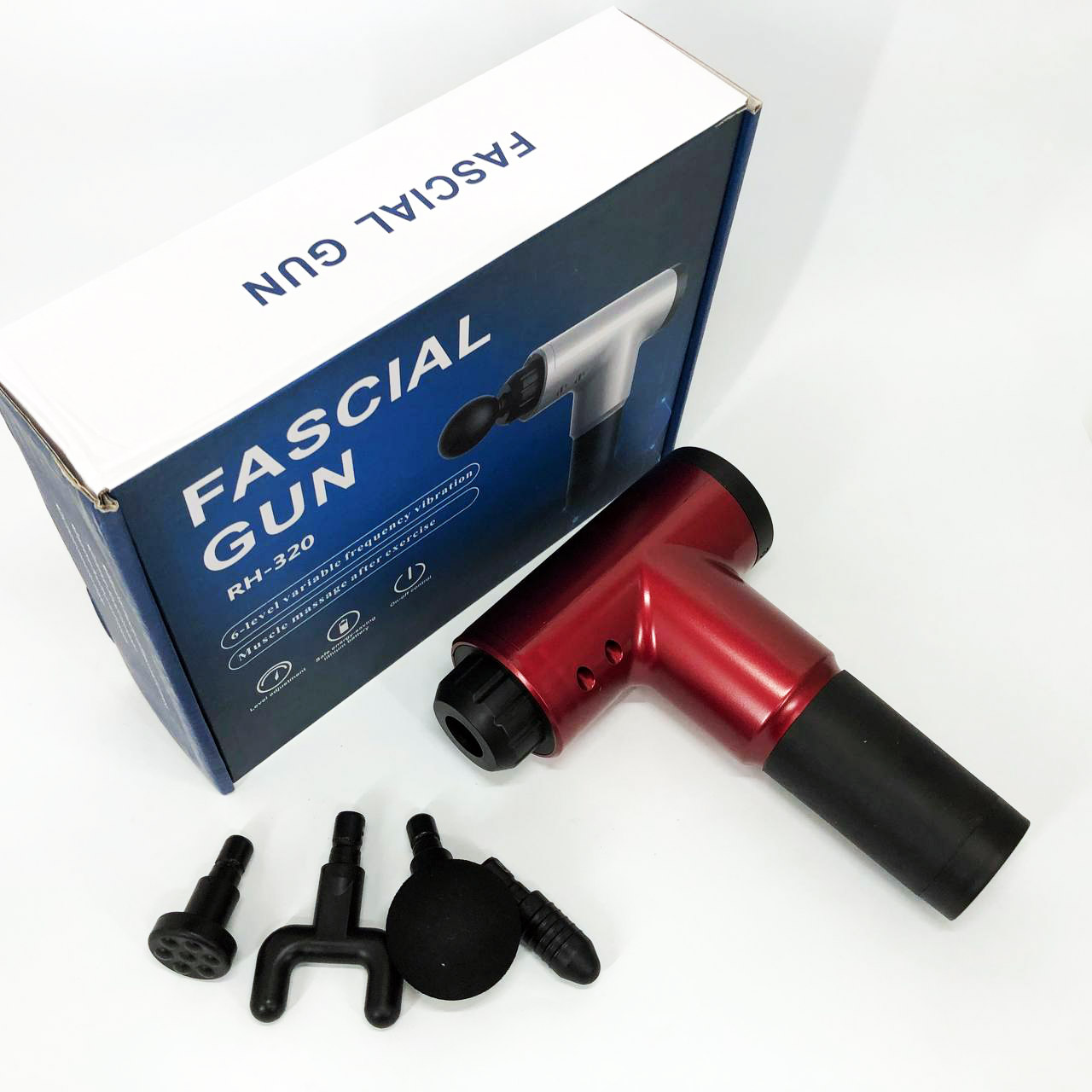 Аккумуляторный массажер Fascial Gun KH-320 портативный ручной ударный мышечный пистолет 4 насадки красный
