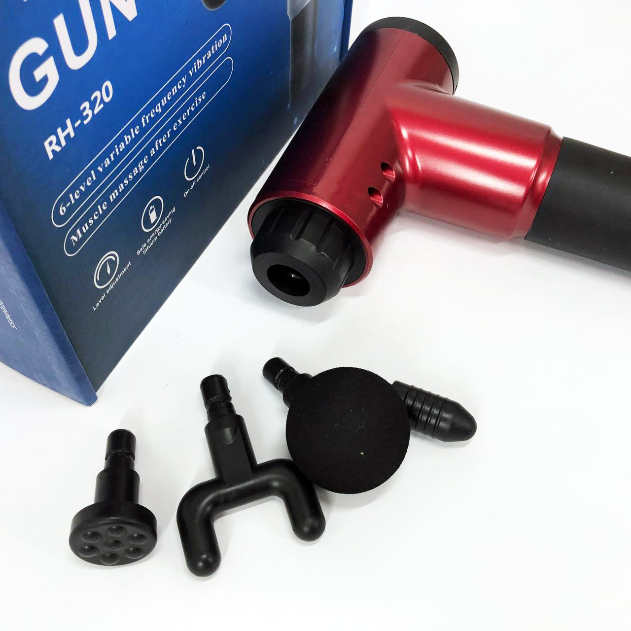 Аккумуляторный массажер Fascial Gun KH-320 портативный ручной ударный мышечный пистолет 4 насадки красный