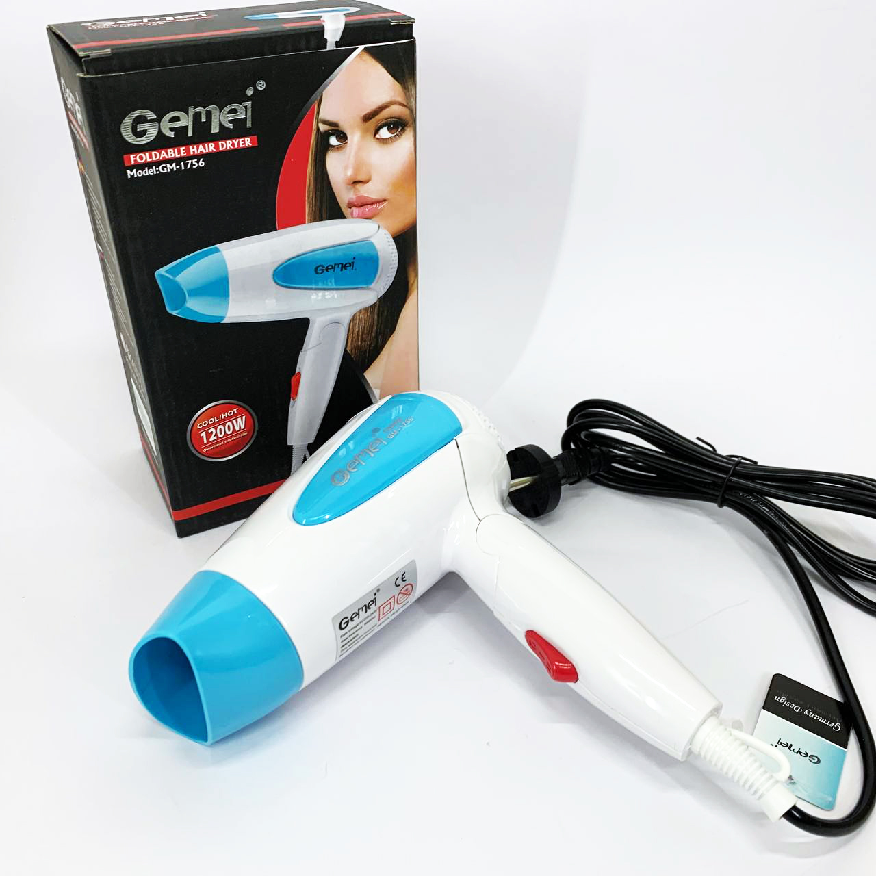 Фен для волос складной дорожный Gemei GM-1756 1200 Вт. Цвет: голубой