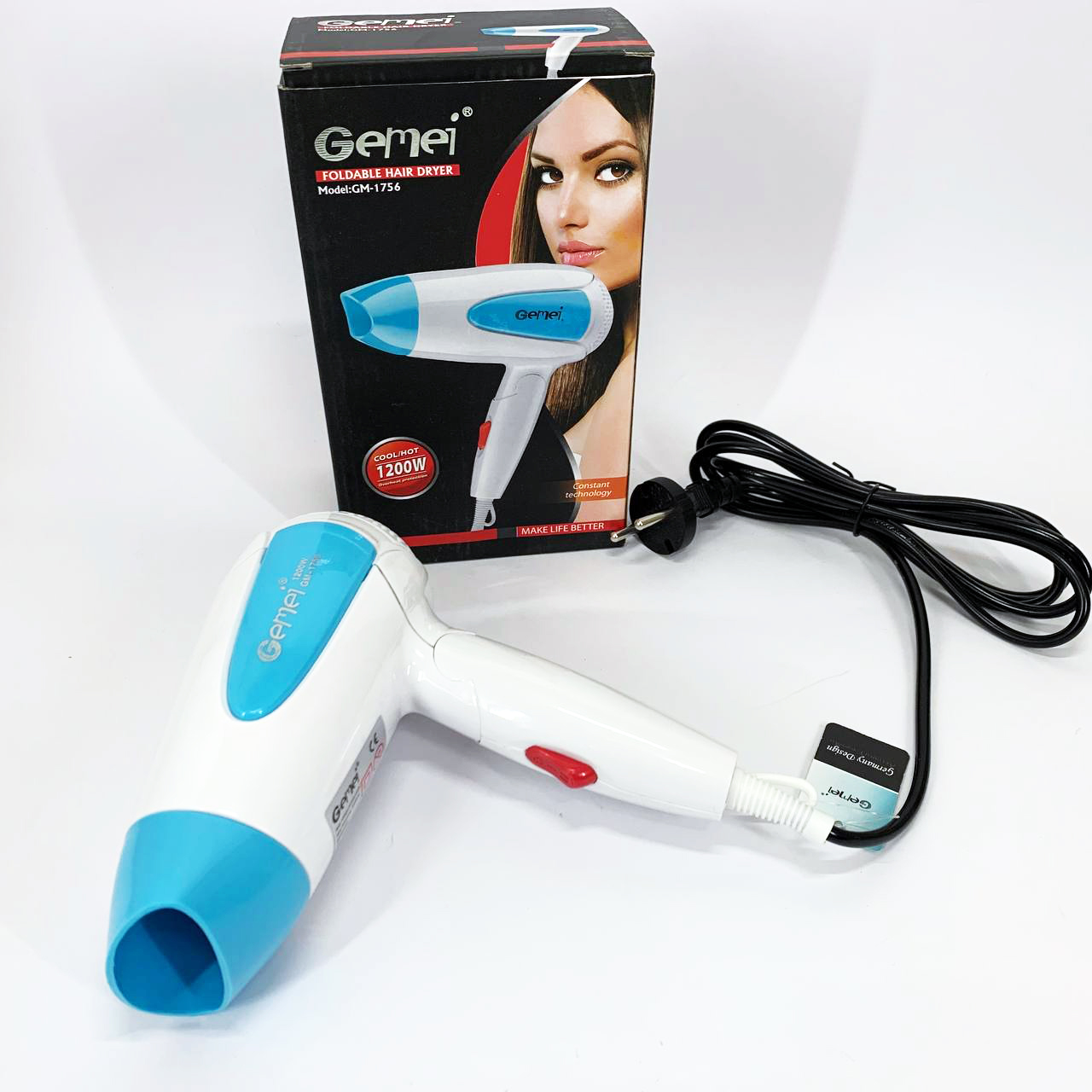 Фен для волос складной дорожный Gemei GM-1756 1200 Вт. Цвет: голубой