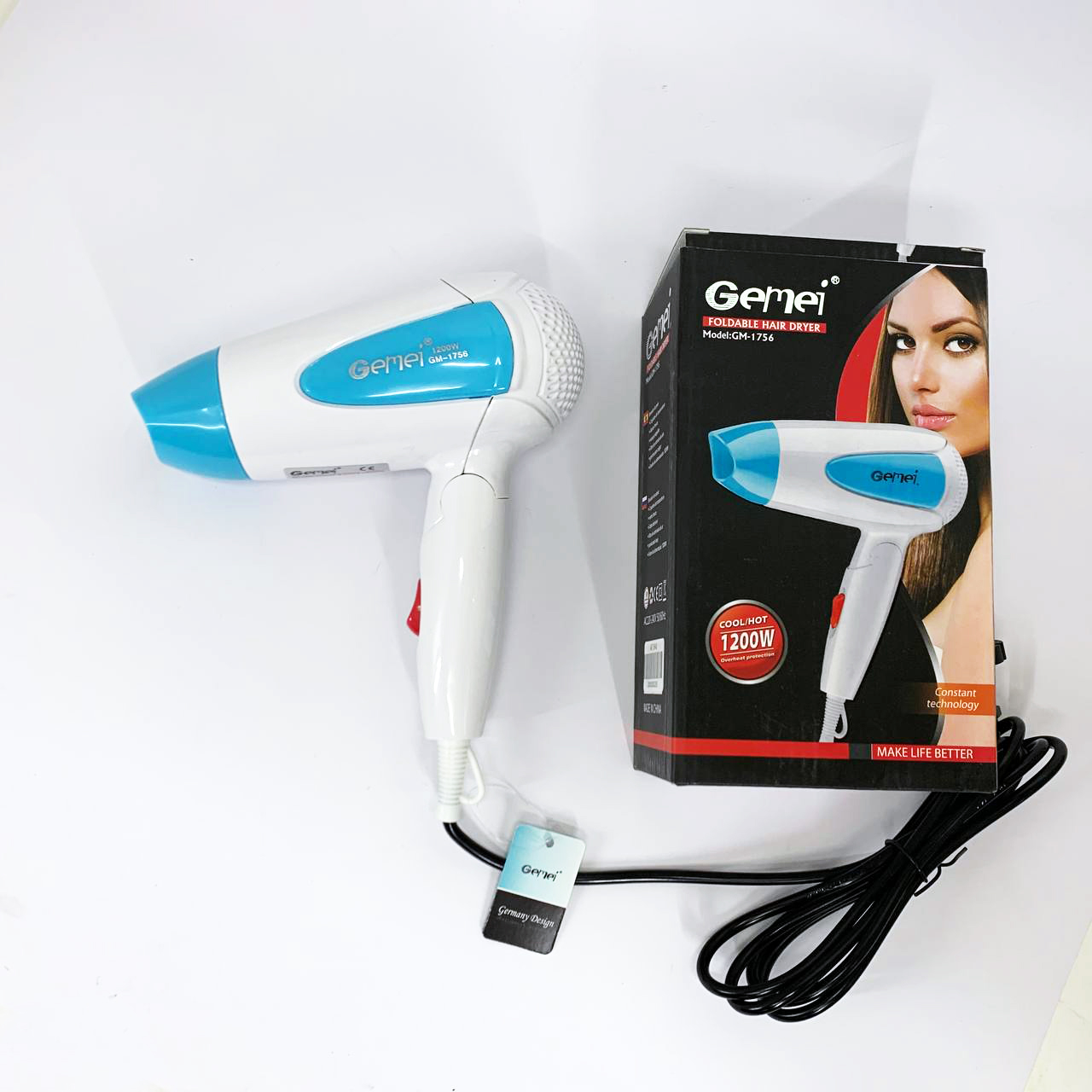 Фен для волос складной дорожный Gemei GM-1756 1200 Вт. Цвет: голубой