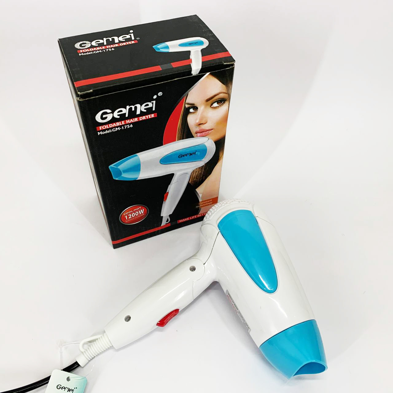 Фен для волос складной дорожный Gemei GM-1756 1200 Вт. Цвет: голубой