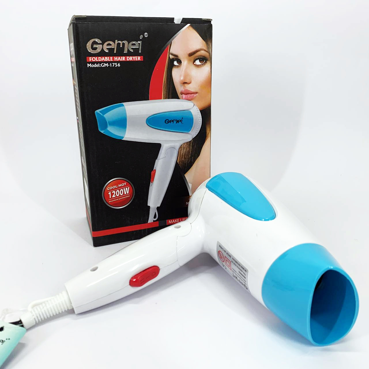 Фен для волос складной дорожный Gemei GM-1756 1200 Вт. Цвет: голубой