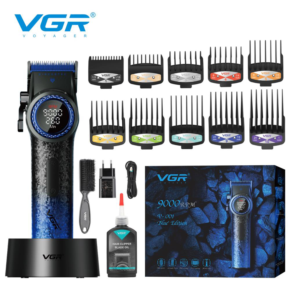Профессиональная машинка для стрижки волос VGR V-001 BLUE с дисплеем 9000 об/мин и 10 насадками 1,5-24 мм