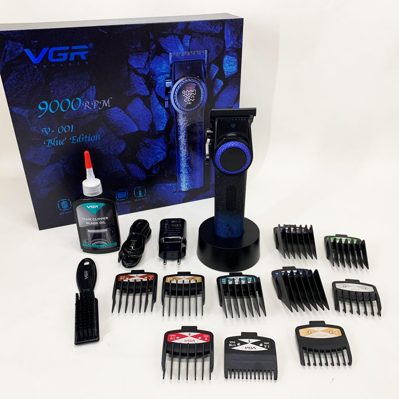 Профессиональная машинка для стрижки волос VGR V-001 BLUE с дисплеем 9000 об/мин и 10 насадками 1,5-24 мм