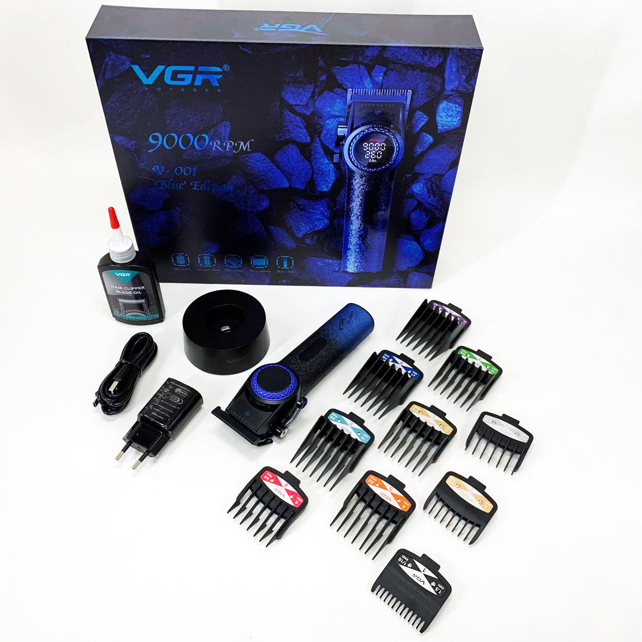 Профессиональная машинка для стрижки волос VGR V-001 BLUE с дисплеем 9000 об/мин и 10 насадками 1,5-24 мм