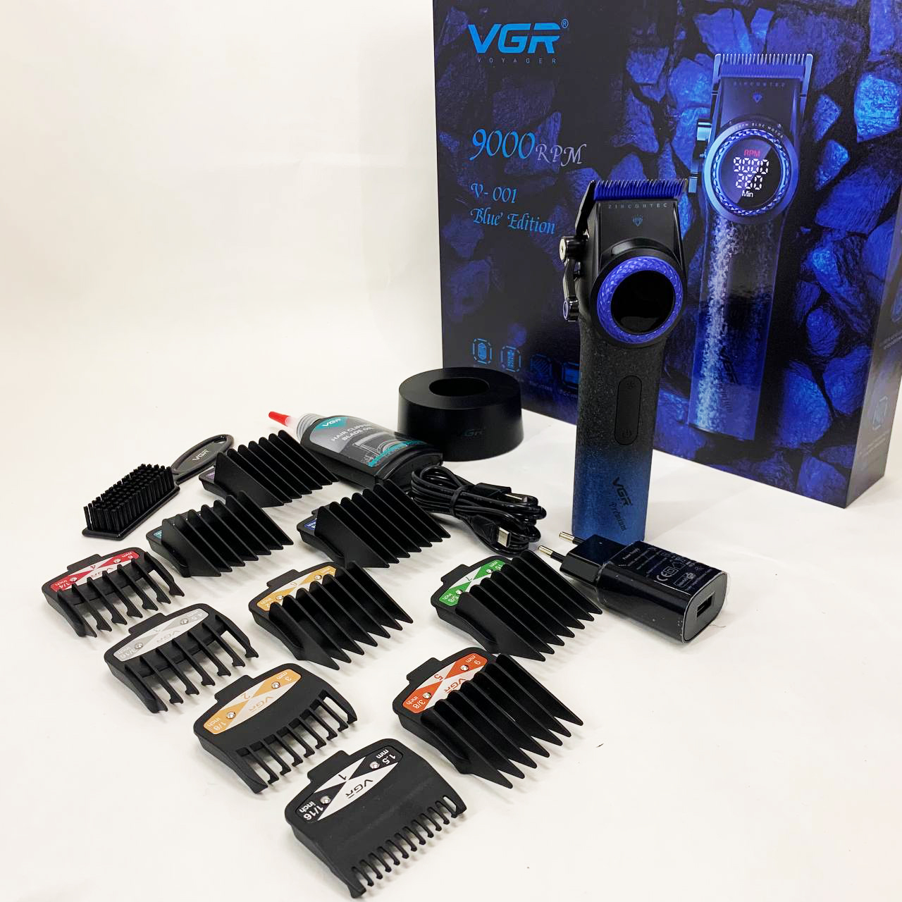 Профессиональная машинка для стрижки волос VGR V-001 BLUE с дисплеем 9000 об/мин и 10 насадками 1,5-24 мм