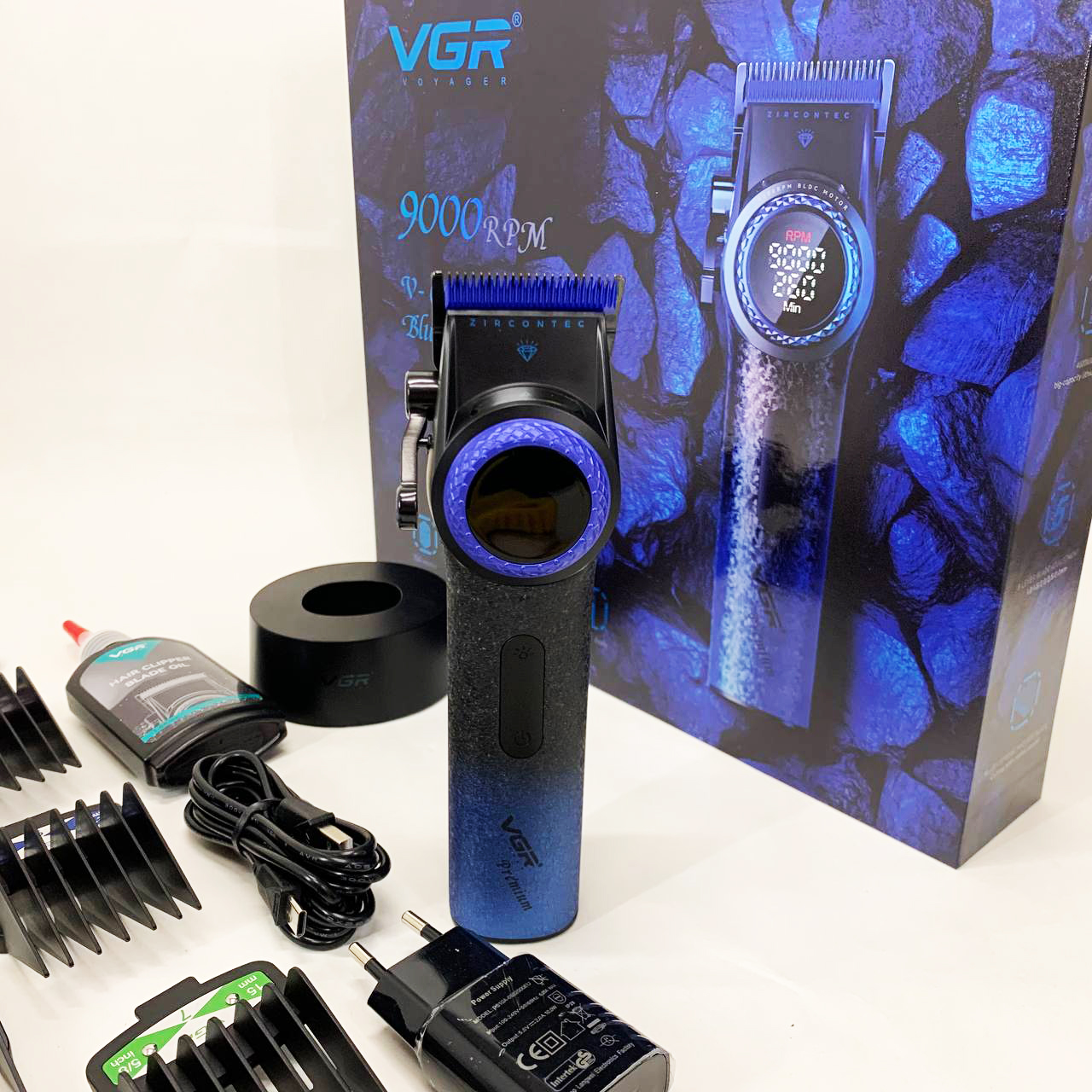 Профессиональная машинка для стрижки волос VGR V-001 BLUE с дисплеем 9000 об/мин и 10 насадками 1,5-24 мм