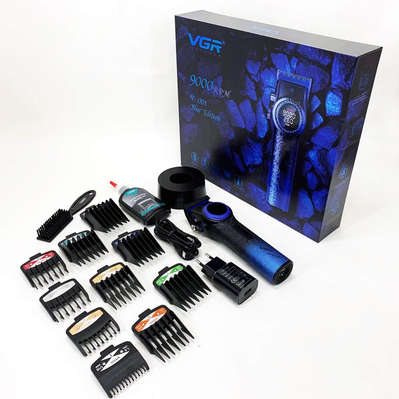 Профессиональная машинка для стрижки волос VGR V-001 BLUE с дисплеем 9000 об/мин и 10 насадками 1,5-24 мм