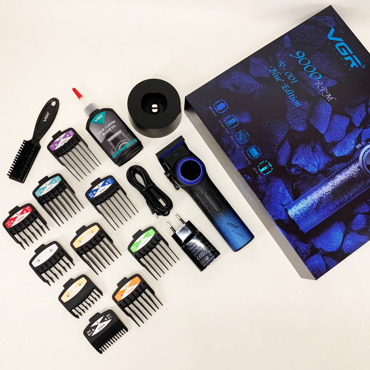 Профессиональная машинка для стрижки волос VGR V-001 BLUE с дисплеем 9000 об/мин и 10 насадками 1,5-24 мм