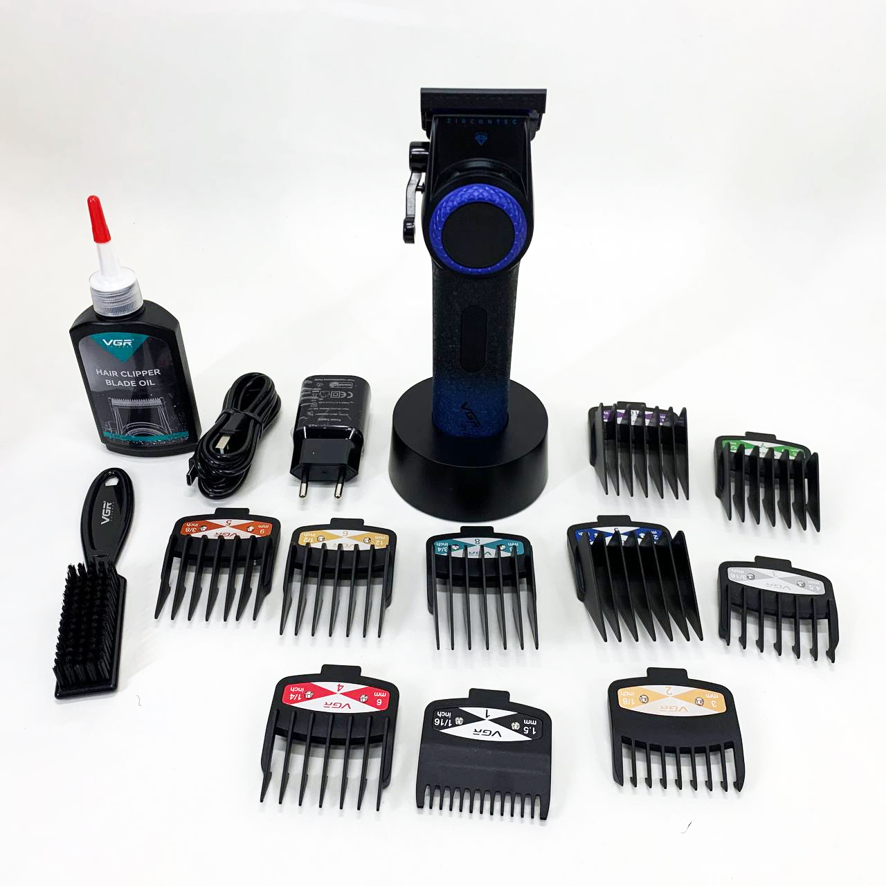 Профессиональная машинка для стрижки волос VGR V-001 BLUE с дисплеем 9000 об/мин и 10 насадками 1,5-24 мм