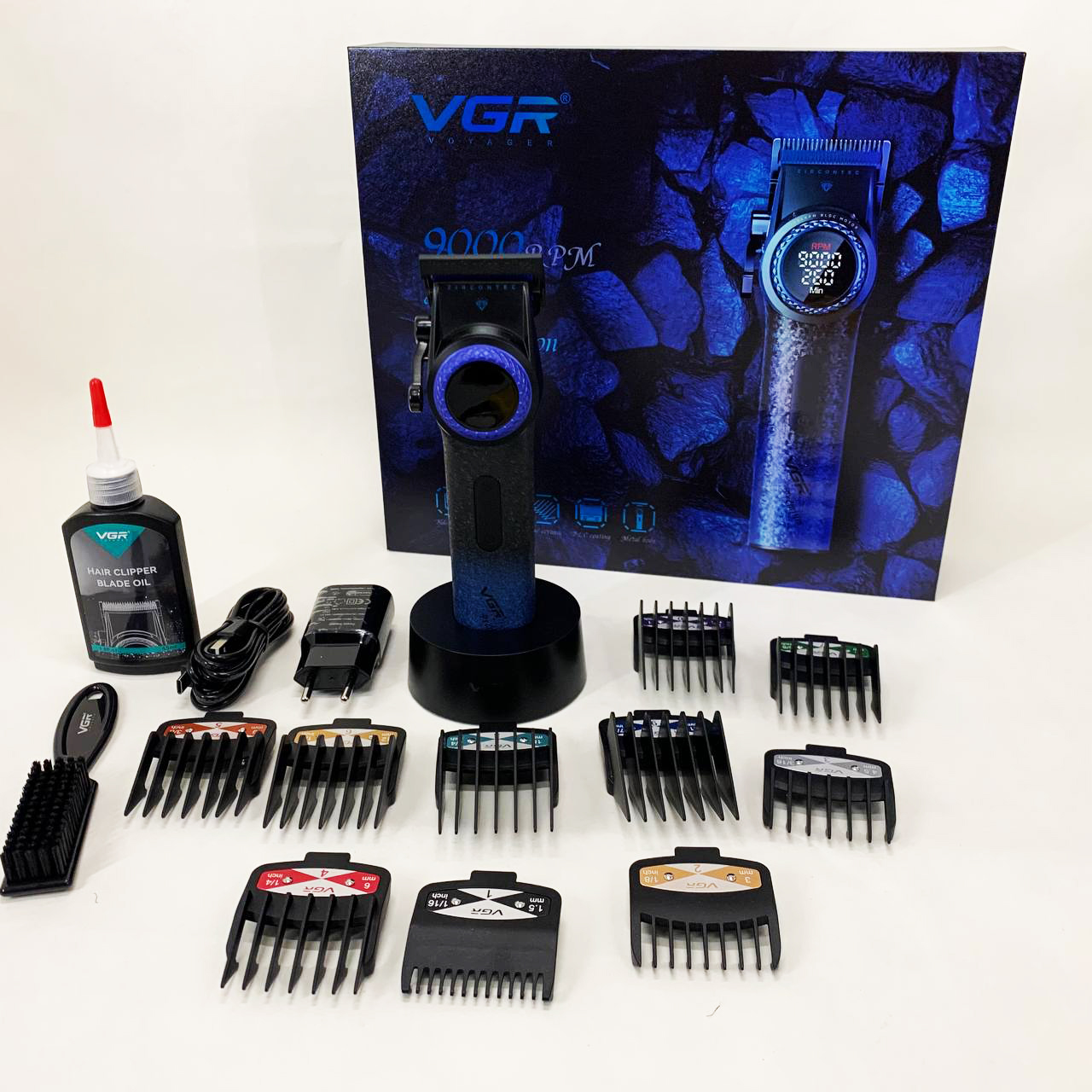 Профессиональная машинка для стрижки волос VGR V-001 BLUE с дисплеем 9000 об/мин и 10 насадками 1,5-24 мм
