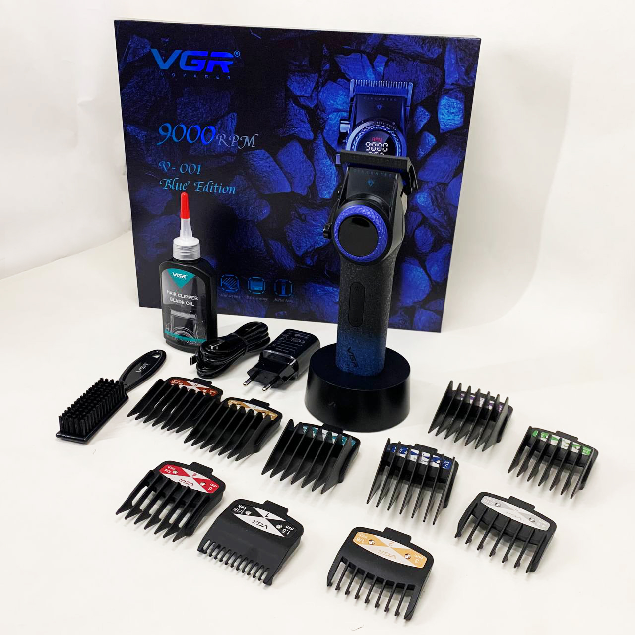 Профессиональная машинка для стрижки волос VGR V-001 BLUE с дисплеем 9000 об/мин и 10 насадками 1,5-24 мм