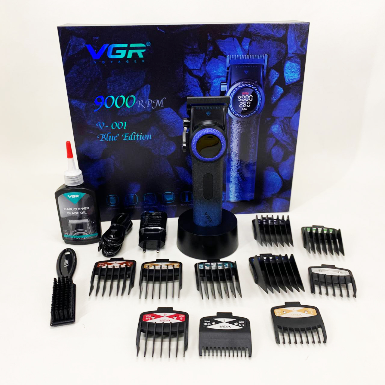 Профессиональная машинка для стрижки волос VGR V-001 BLUE с дисплеем 9000 об/мин и 10 насадками 1,5-24 мм