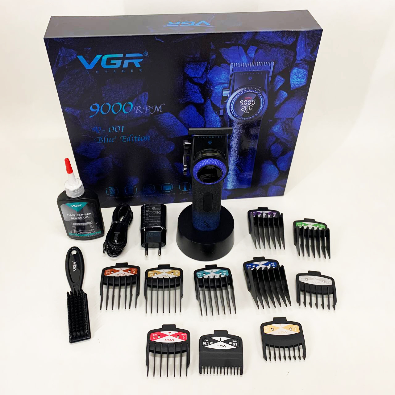 Профессиональная машинка для стрижки волос VGR V-001 BLUE с дисплеем 9000 об/мин и 10 насадками 1,5-24 мм