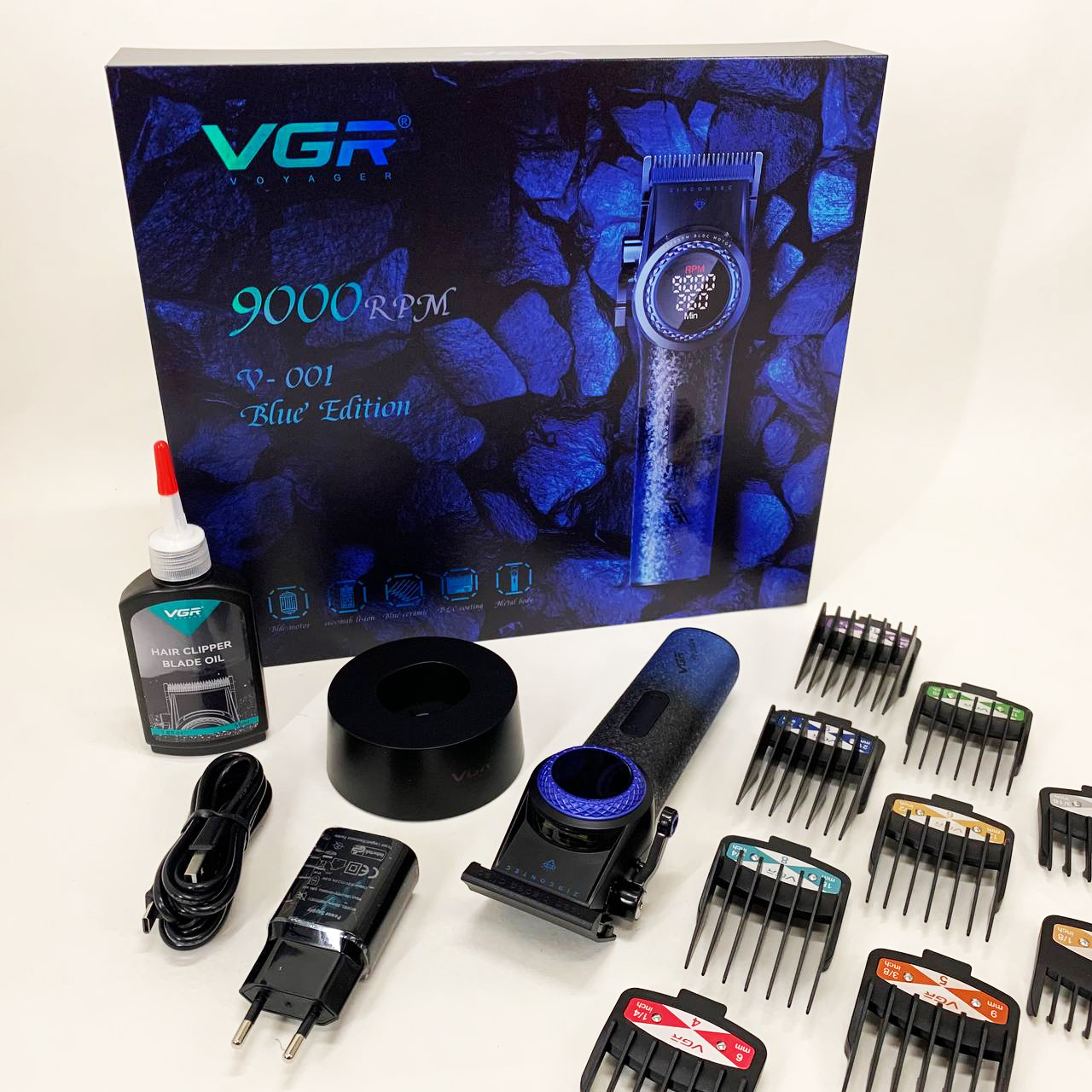 Профессиональная машинка для стрижки волос VGR V-001 BLUE с дисплеем 9000 об/мин и 10 насадками 1,5-24 мм