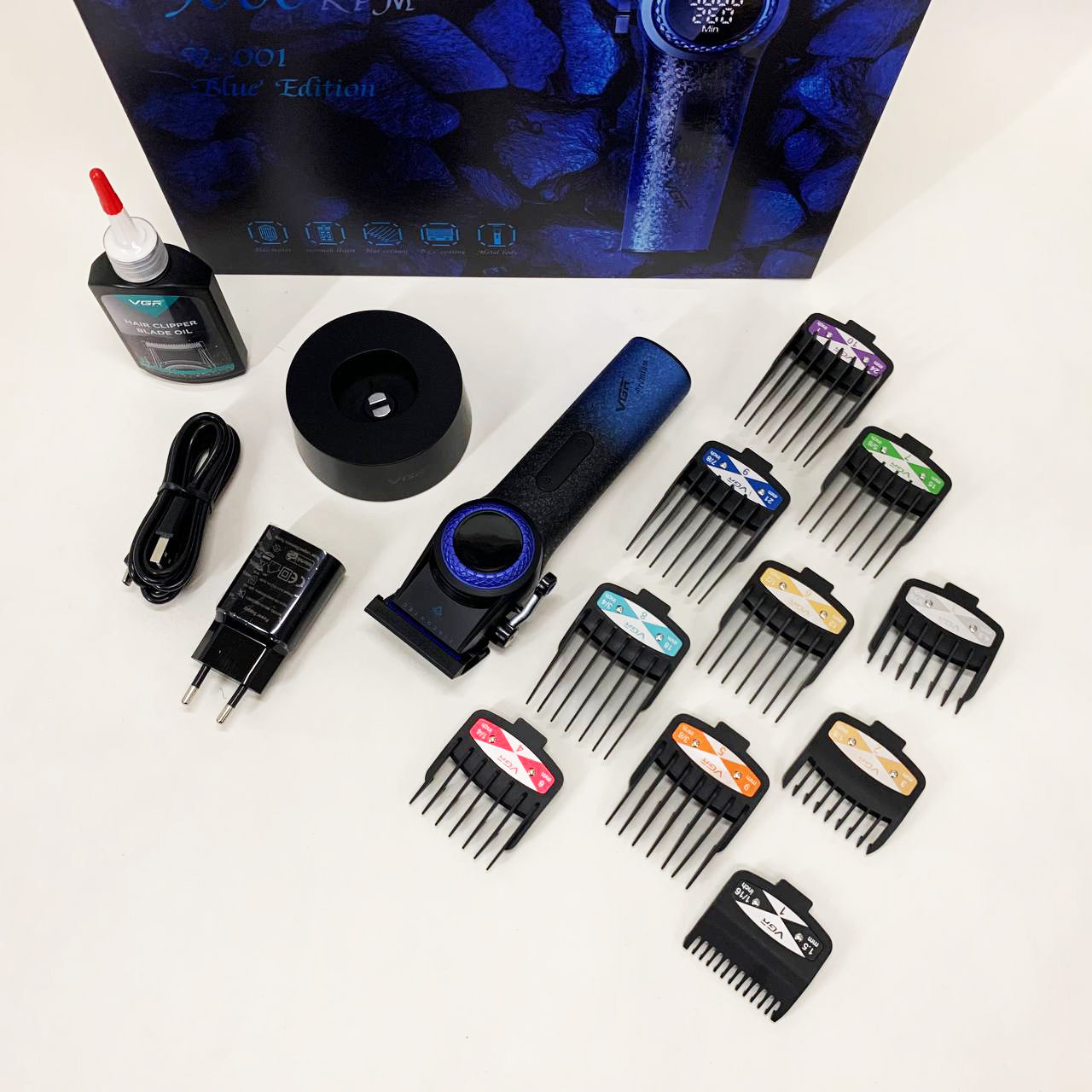 Профессиональная машинка для стрижки волос VGR V-001 BLUE с дисплеем 9000 об/мин и 10 насадками 1,5-24 мм