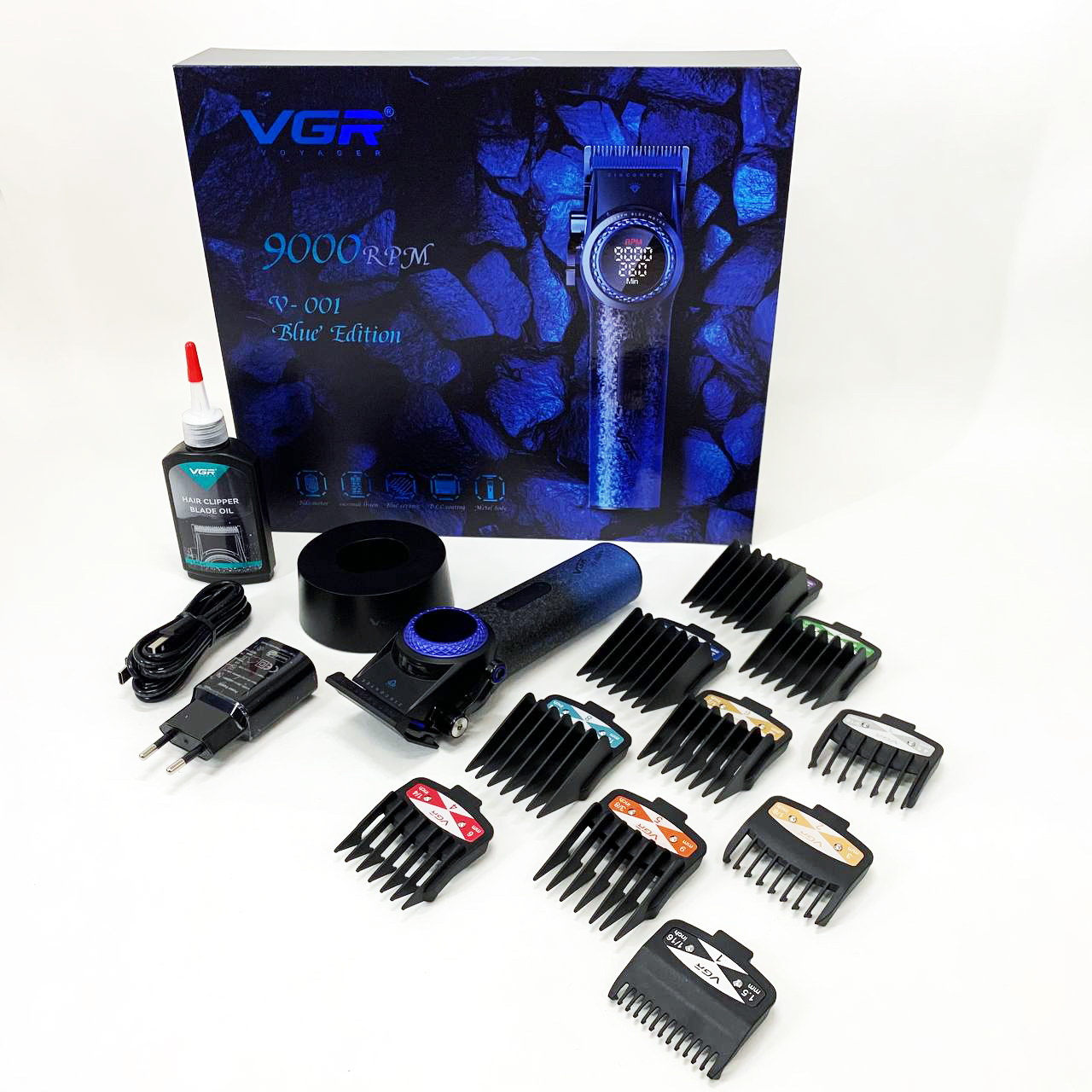 Профессиональная машинка для стрижки волос VGR V-001 BLUE с дисплеем 9000 об/мин и 10 насадками 1,5-24 мм