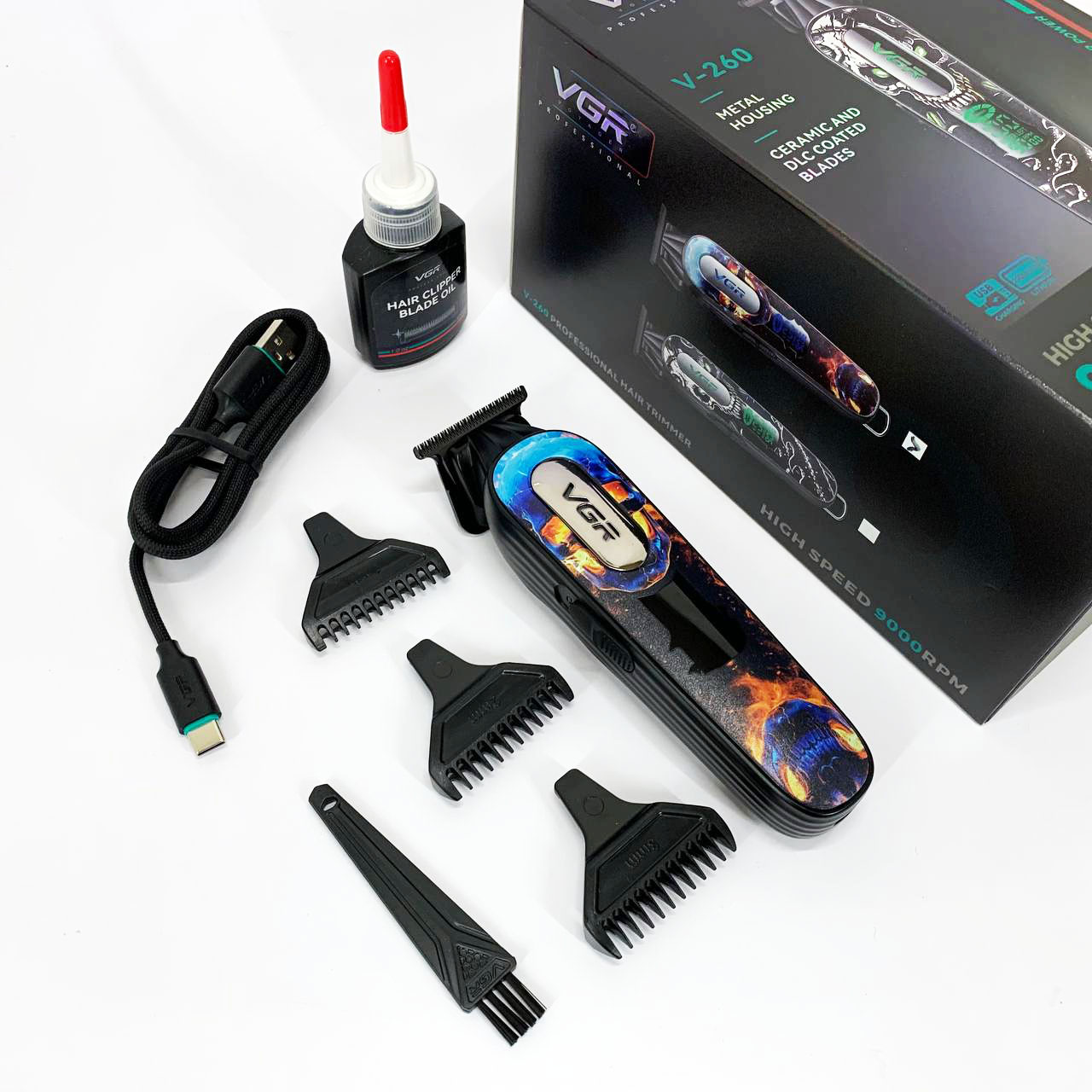 Триммер аккумуляторный для стрижки VGR V-260 RED, 3 насадки, LED дисплей