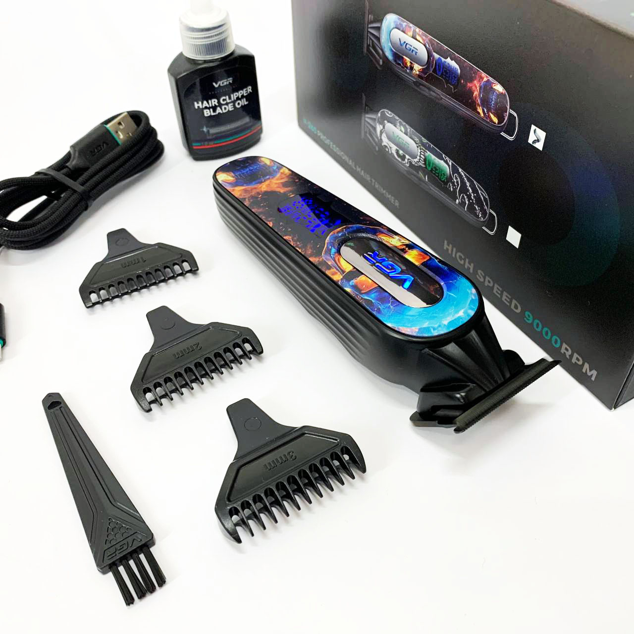 Триммер аккумуляторный для стрижки VGR V-260 RED, 3 насадки, LED дисплей