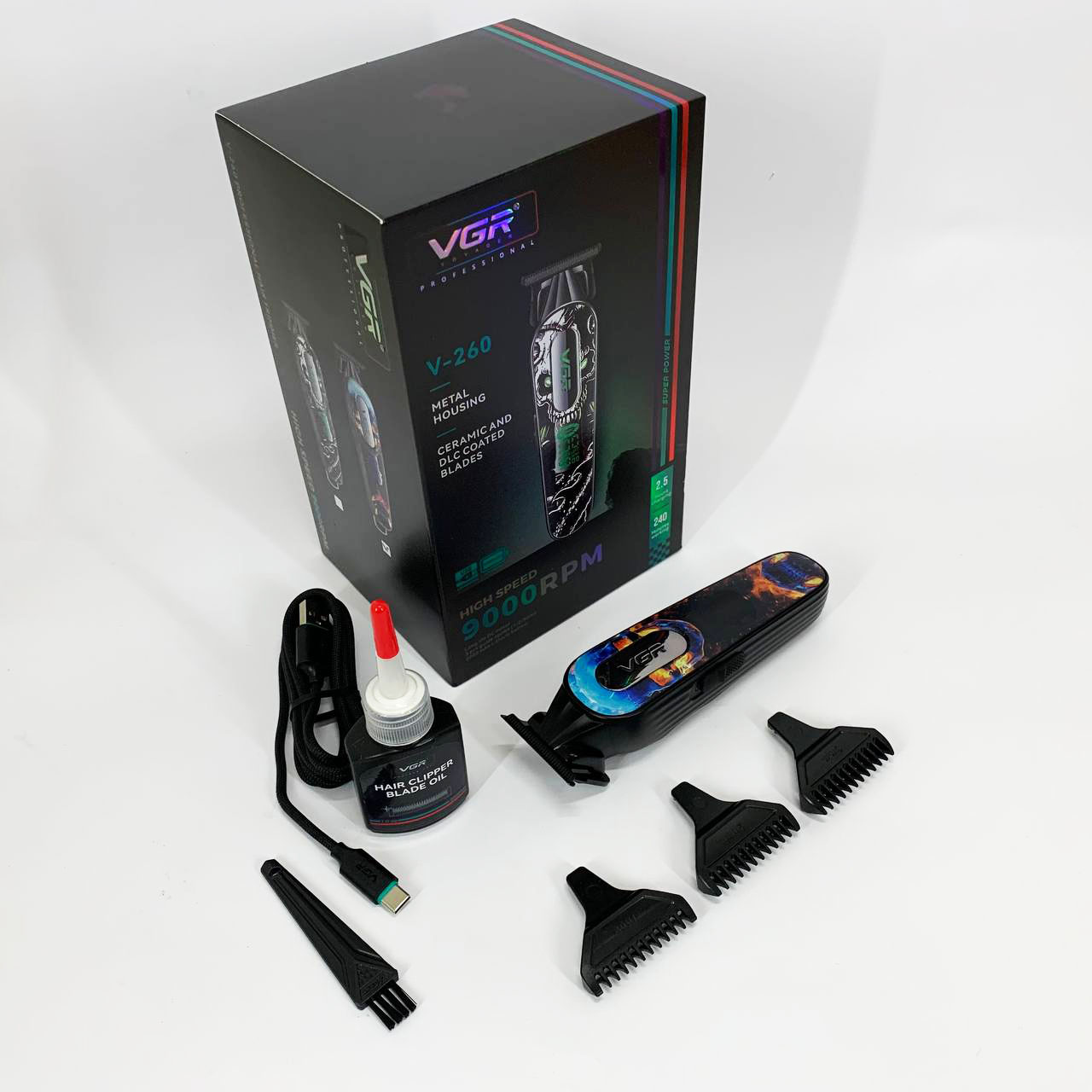 Триммер аккумуляторный для стрижки VGR V-260 RED, 3 насадки, LED дисплей