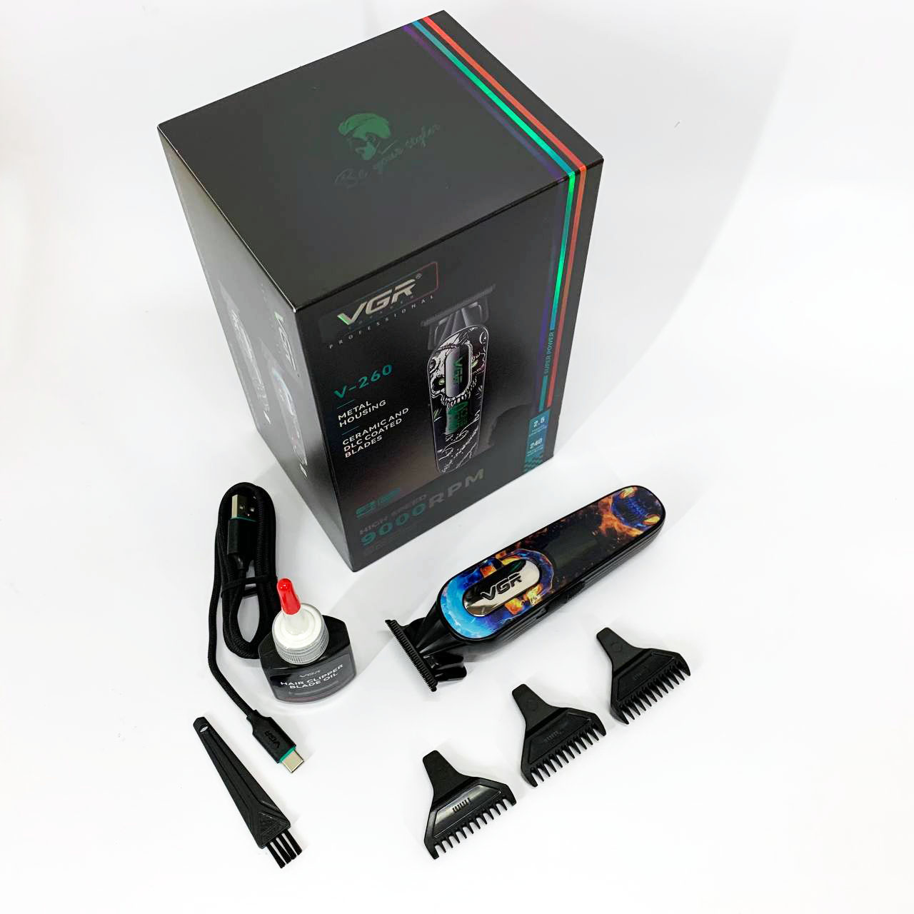 Триммер аккумуляторный для стрижки VGR V-260 RED, 3 насадки, LED дисплей