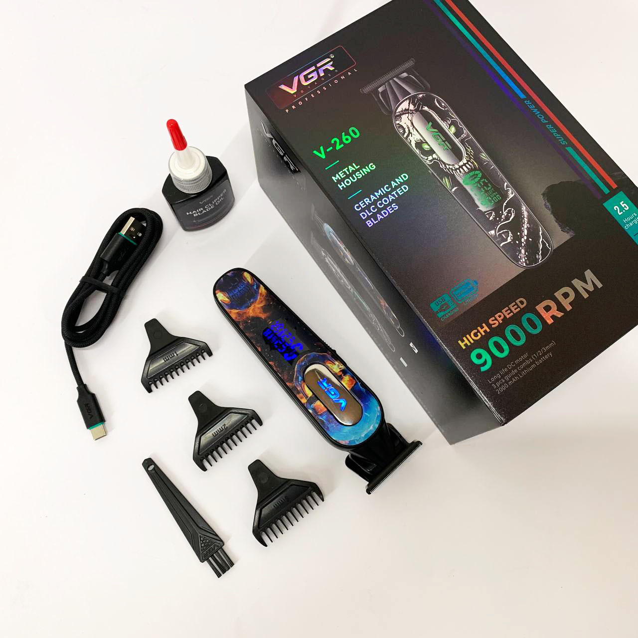 Триммер аккумуляторный для стрижки VGR V-260 RED, 3 насадки, LED дисплей