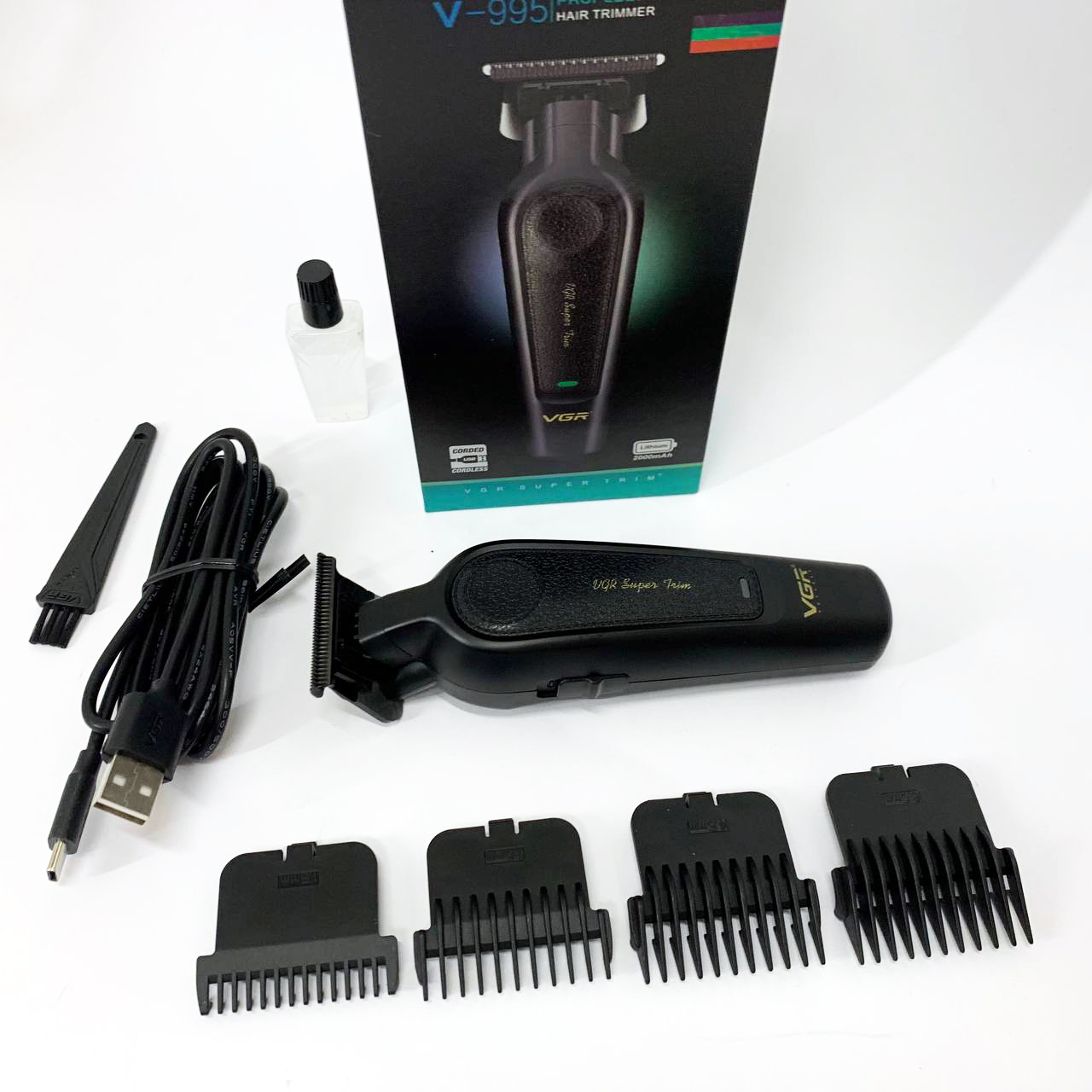 Аккумуляторная машинка для стрижки VGR V-995 + 4 насадки, 2000 мАч, USB