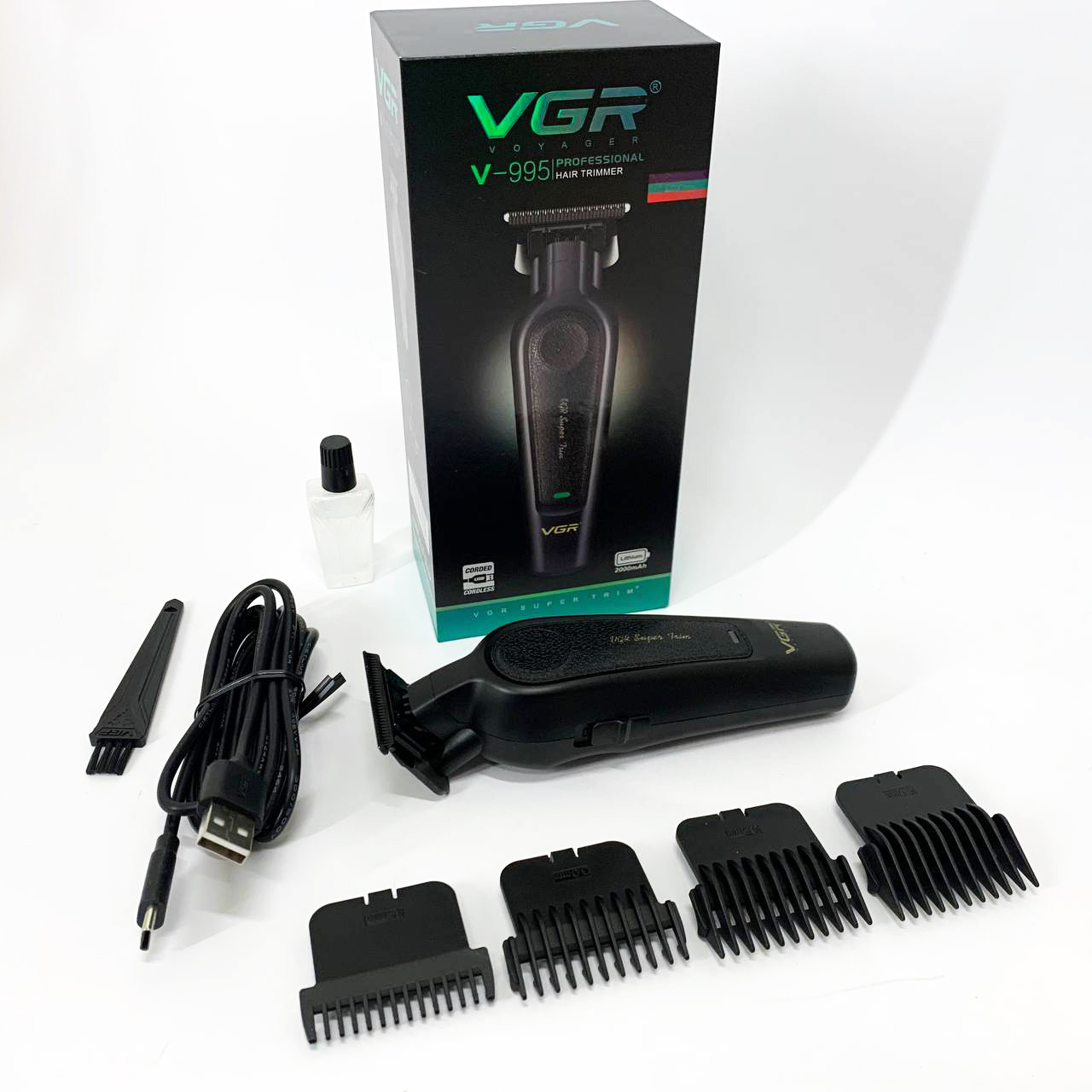 Аккумуляторная машинка для стрижки VGR V-995 + 4 насадки, 2000 мАч, USB